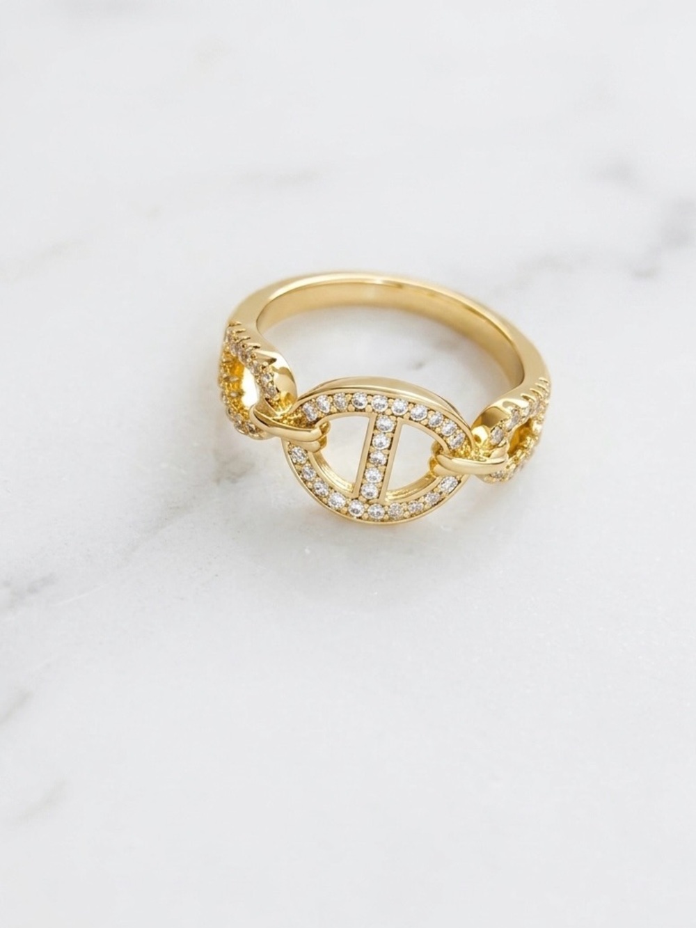 14K is Gold Plated CZ Mariner Link Ring | Gold Anchor Chain Band Ring - Picture 5 of 8